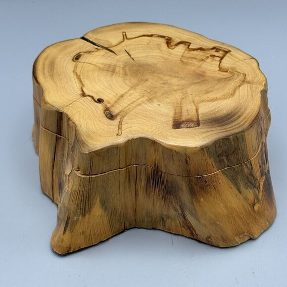 Vtg Hand Carved Tree Stump Trinket Box Removable Lid Mancave Cottagecore Deer - Picture 12 of 15